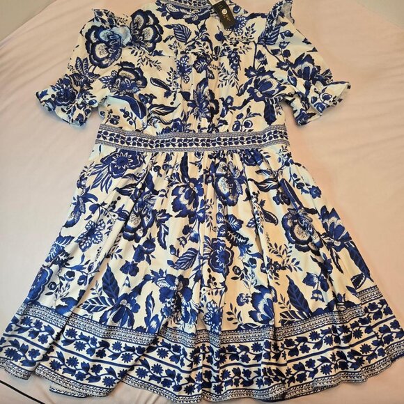 LAI MENG FIVE CATS Women Button Up Short Puff Sleeve Mini Dress Sz: XL Blue/Wht - Picture 10 of 15